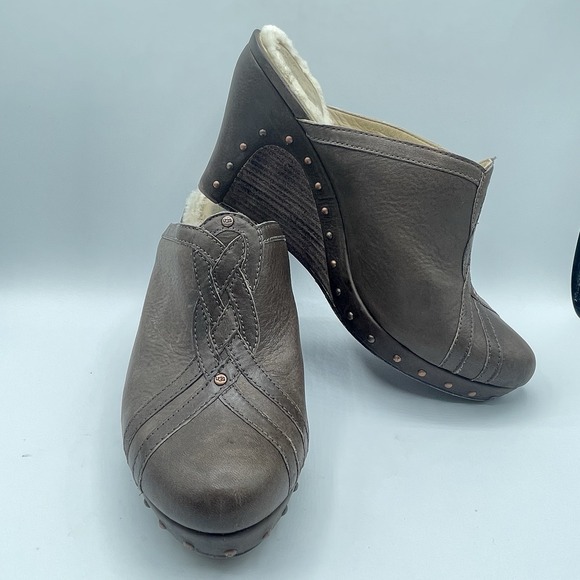 Ugg Abigail Sheepskin Leather Studded Wedge Mule Clogs Shoes 1716‎ Brown Size 10 - Picture 14 of 16